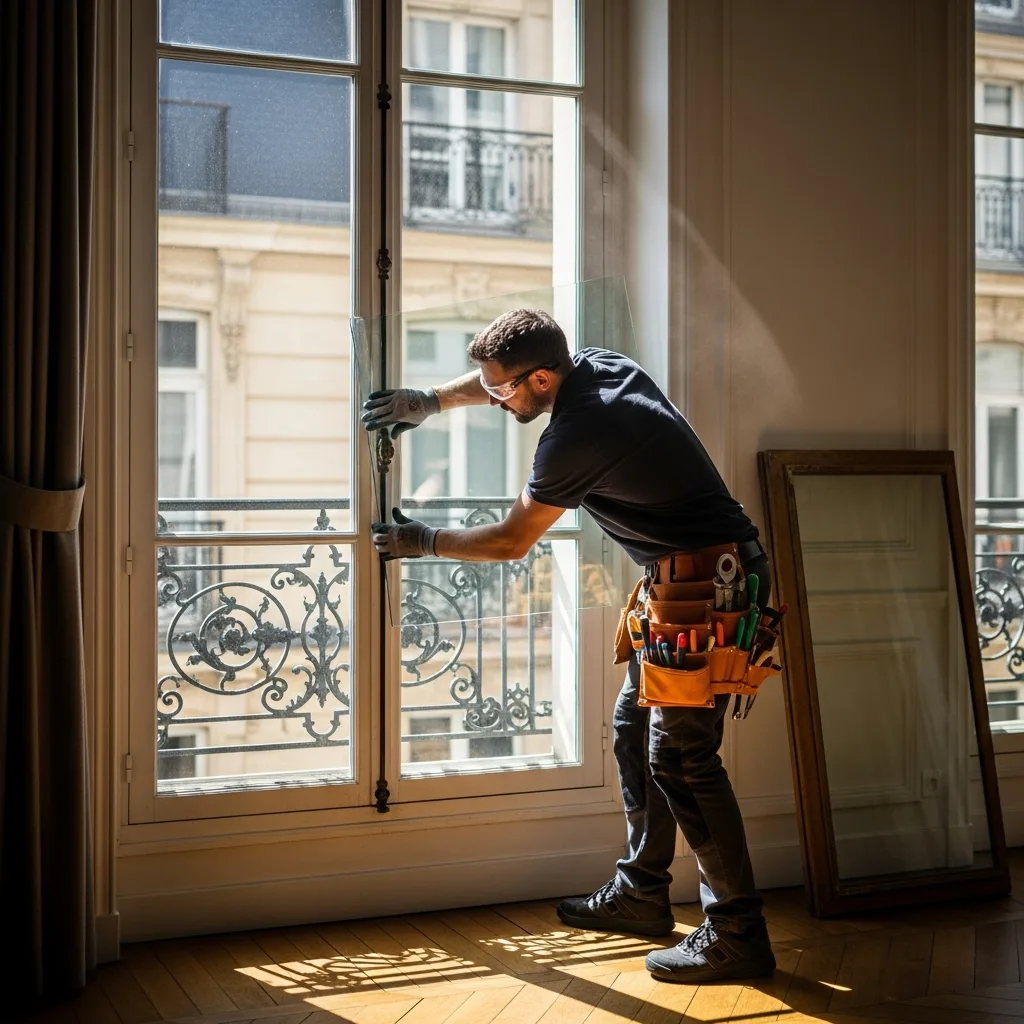 Vitrier remplaçant une vitre à Marolles-sur-Seine