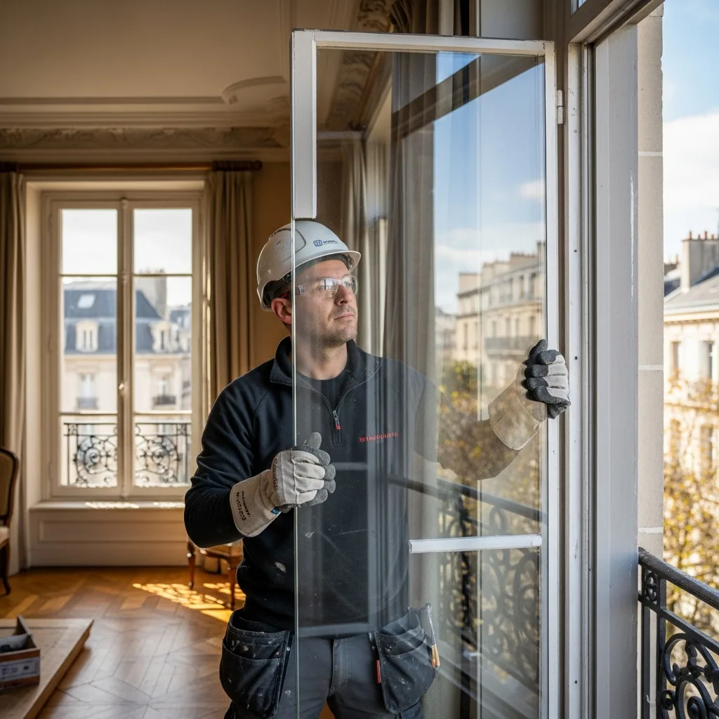 Vitrier remplaçant une vitre à Mary-sur-Marne