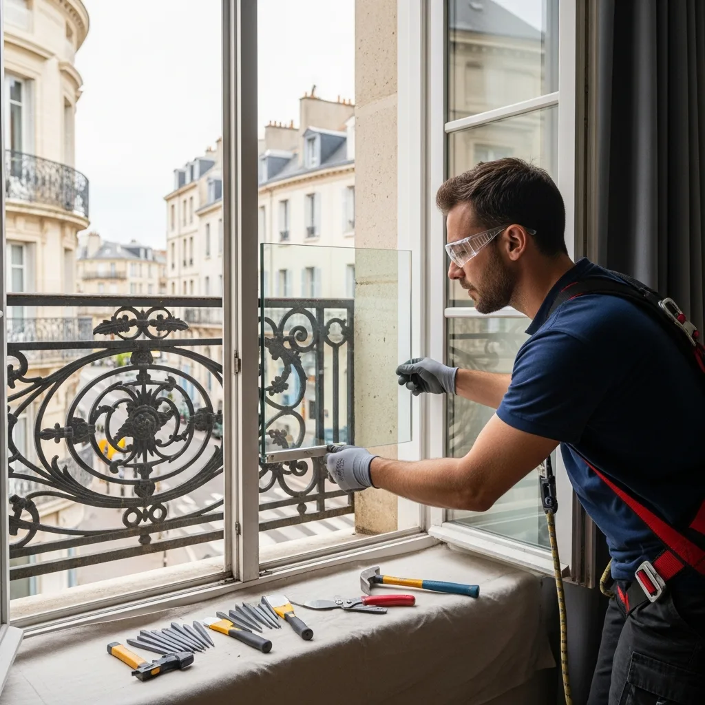 Vitrier remplaçant une vitre à Méré