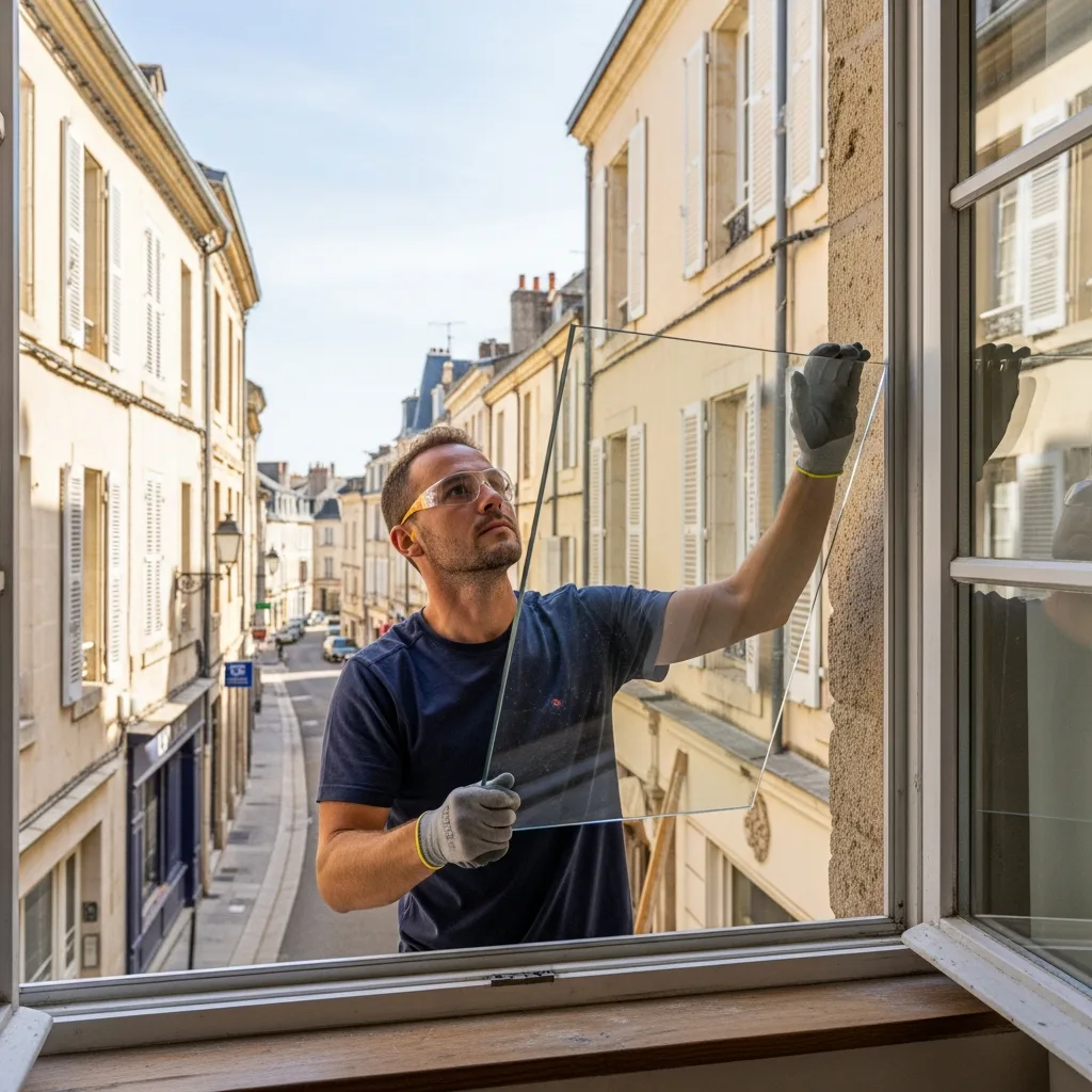 Vitrier remplaçant une vitre à Mériel