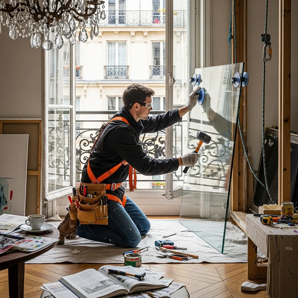 Vitrier remplaçant une vitre à Messy