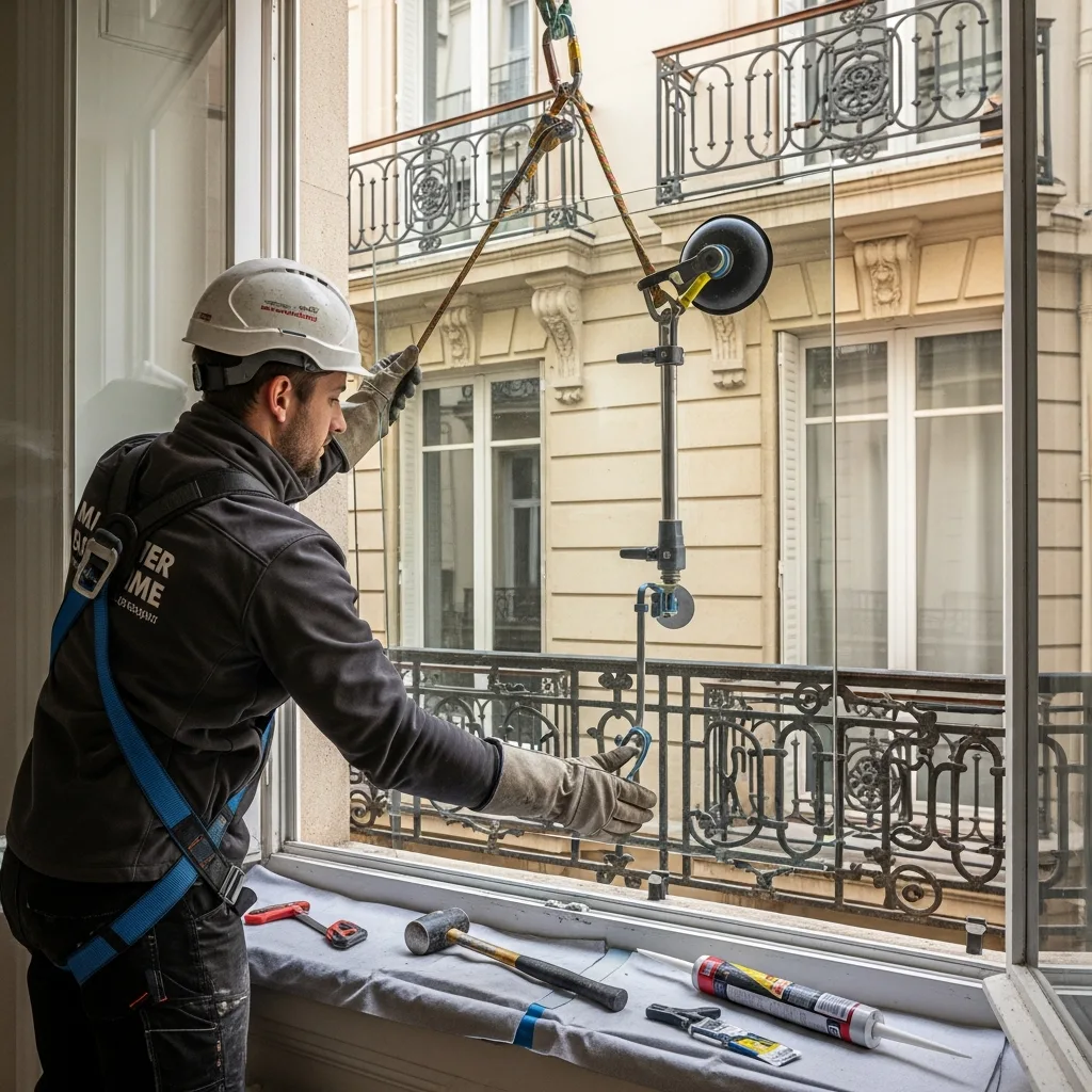 Vitrier remplaçant une vitre à Mézy-sur-Seine