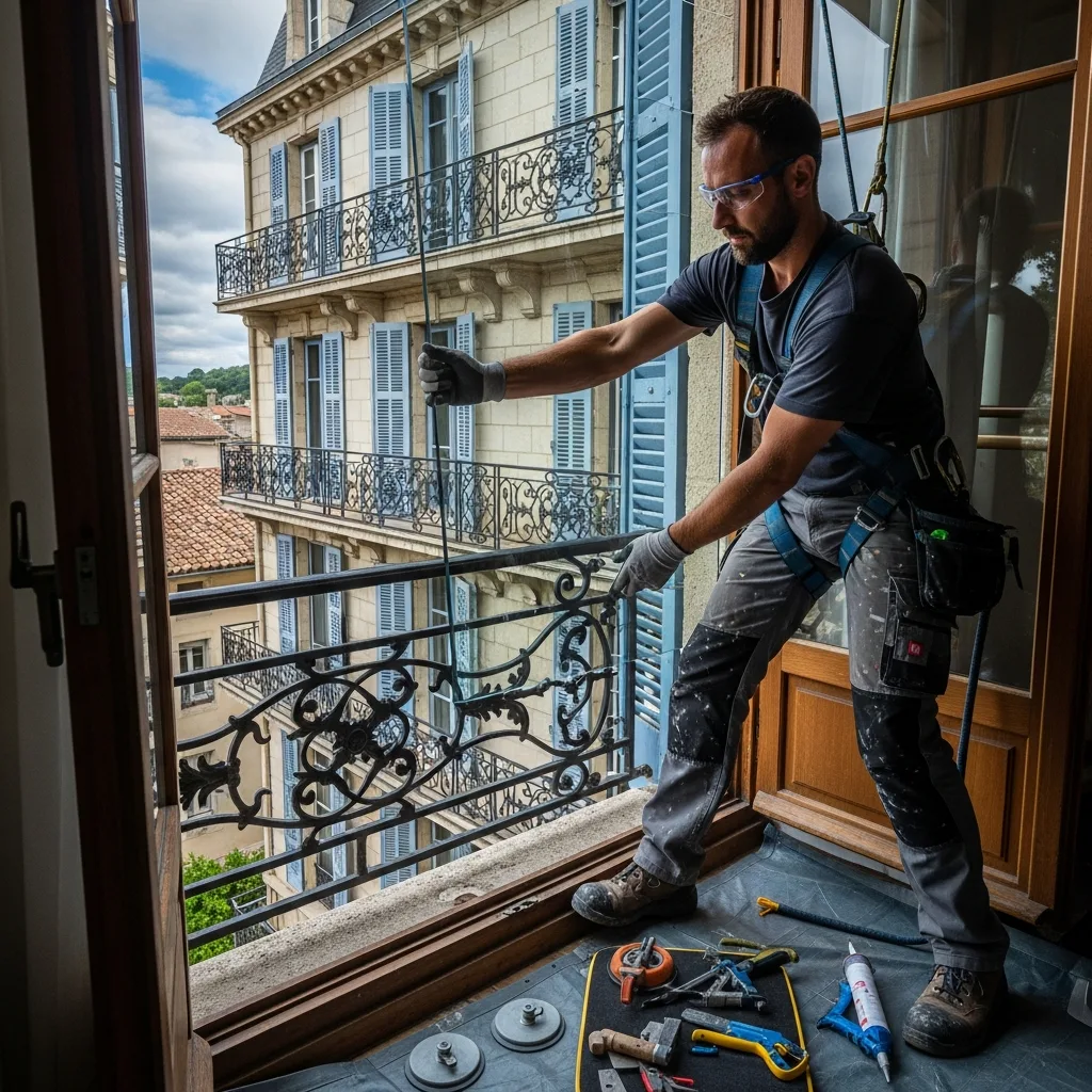 Vitrier remplaçant une vitre à Moisenay