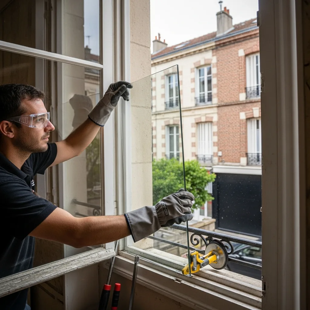 Vitrier remplaçant une vitre à Moissy-Cramayel