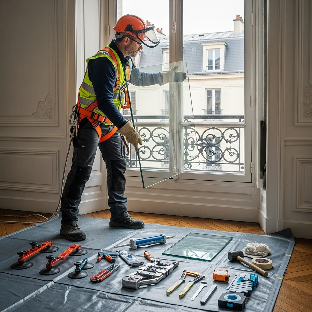 Vitrier remplaçant une vitre à Montlignon