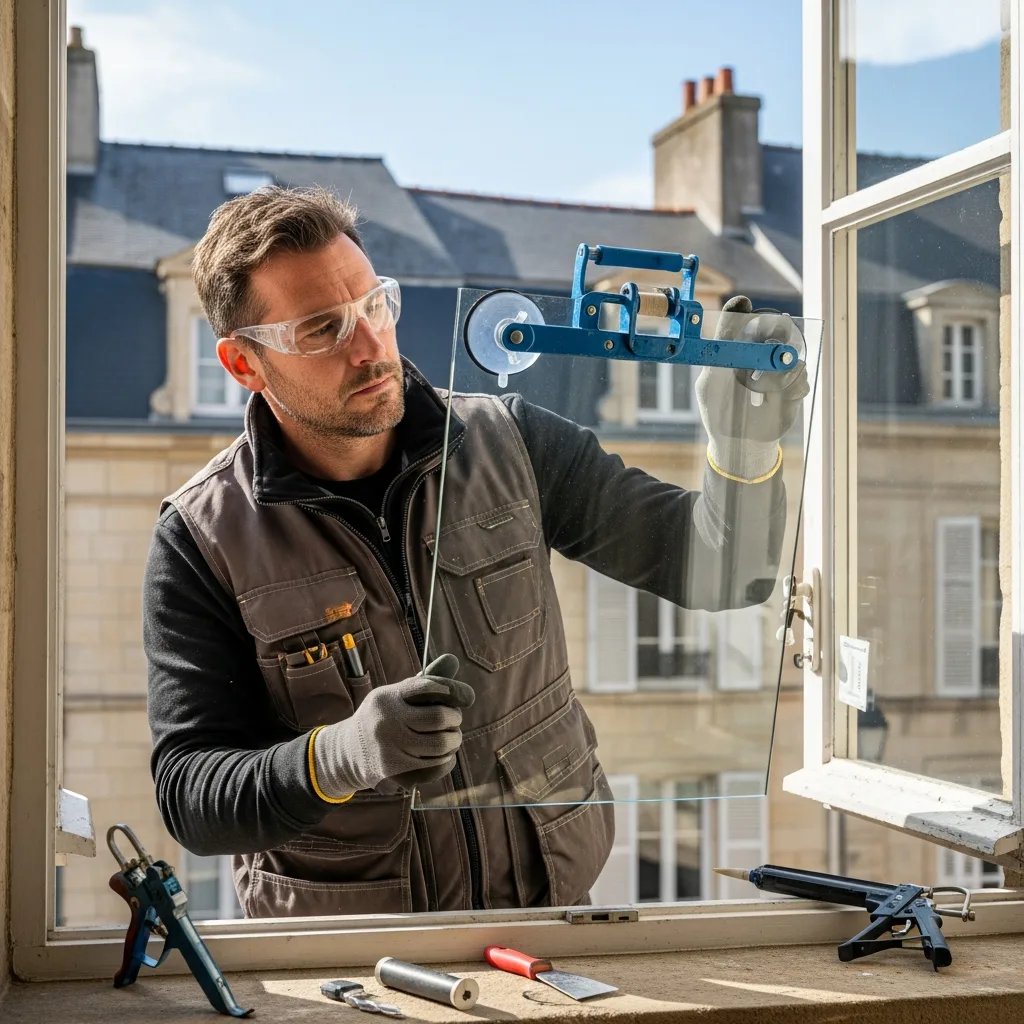 Vitrier remplaçant une vitre à Montmagny