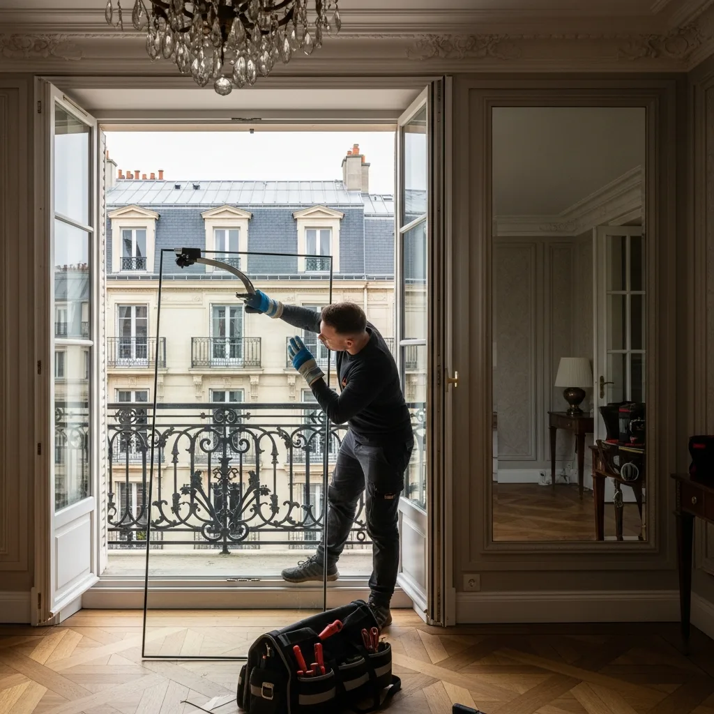 Vitrier remplaçant une vitre à Montreuil