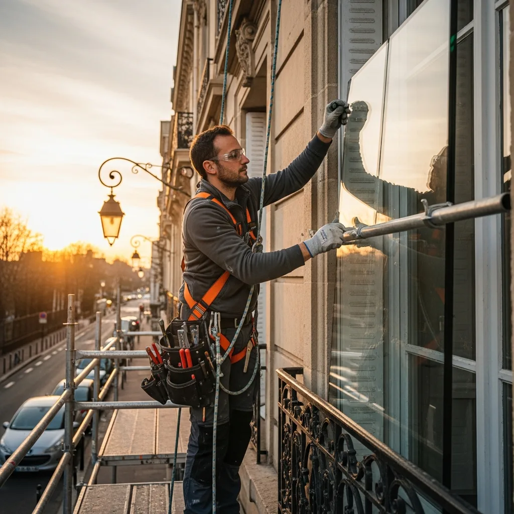 Vitrier remplaçant une vitre à Montrouge