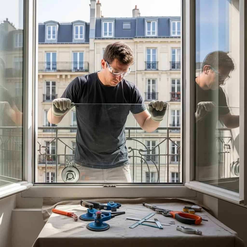 Vitrier remplaçant une vitre à Nandy