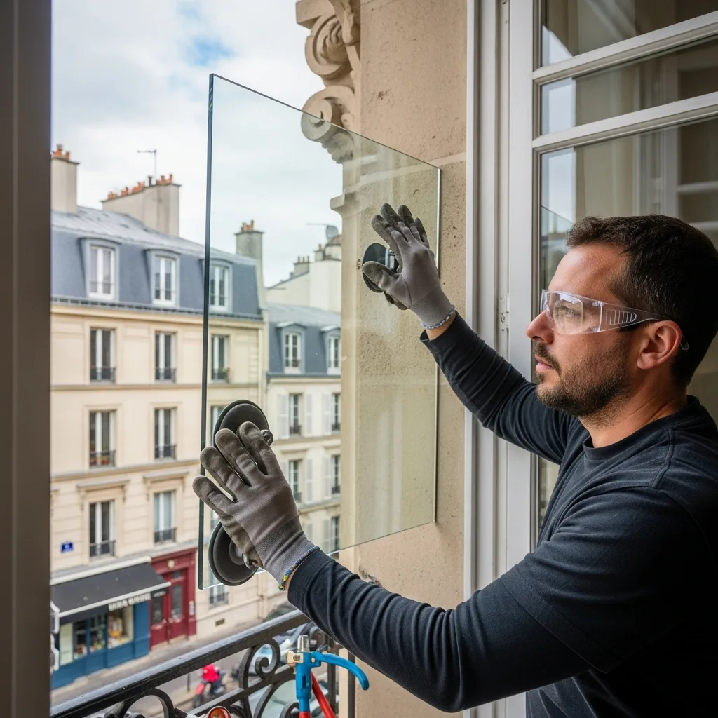 Vitrier remplaçant une vitre à Noisy-le-Sec
