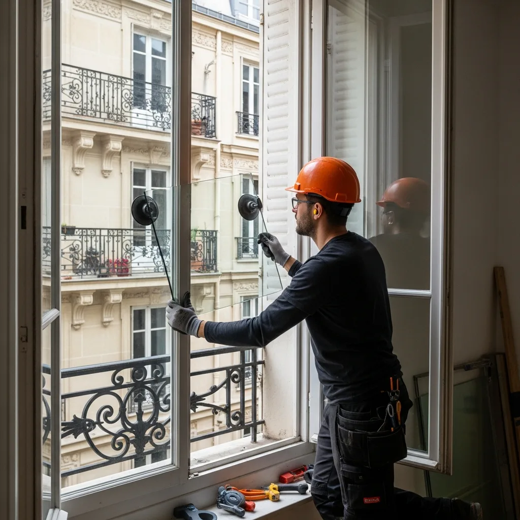 Vitrier remplaçant une vitre à Orly