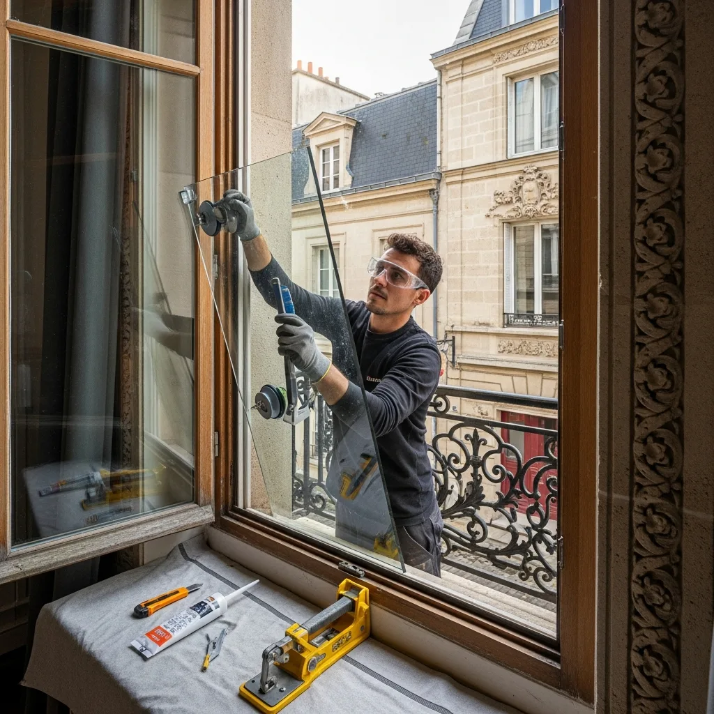 Vitrier remplaçant une vitre à Ormoy