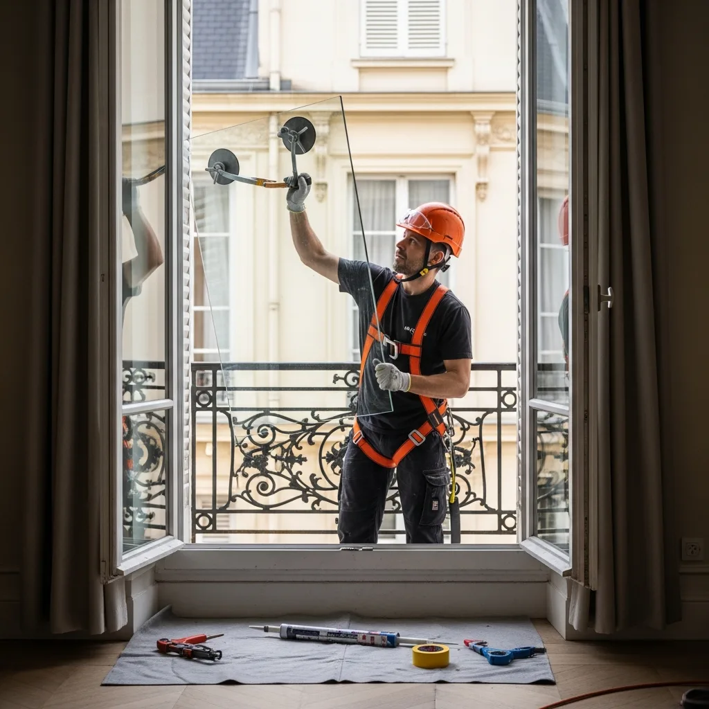 Vitrier remplaçant une vitre à Orsay