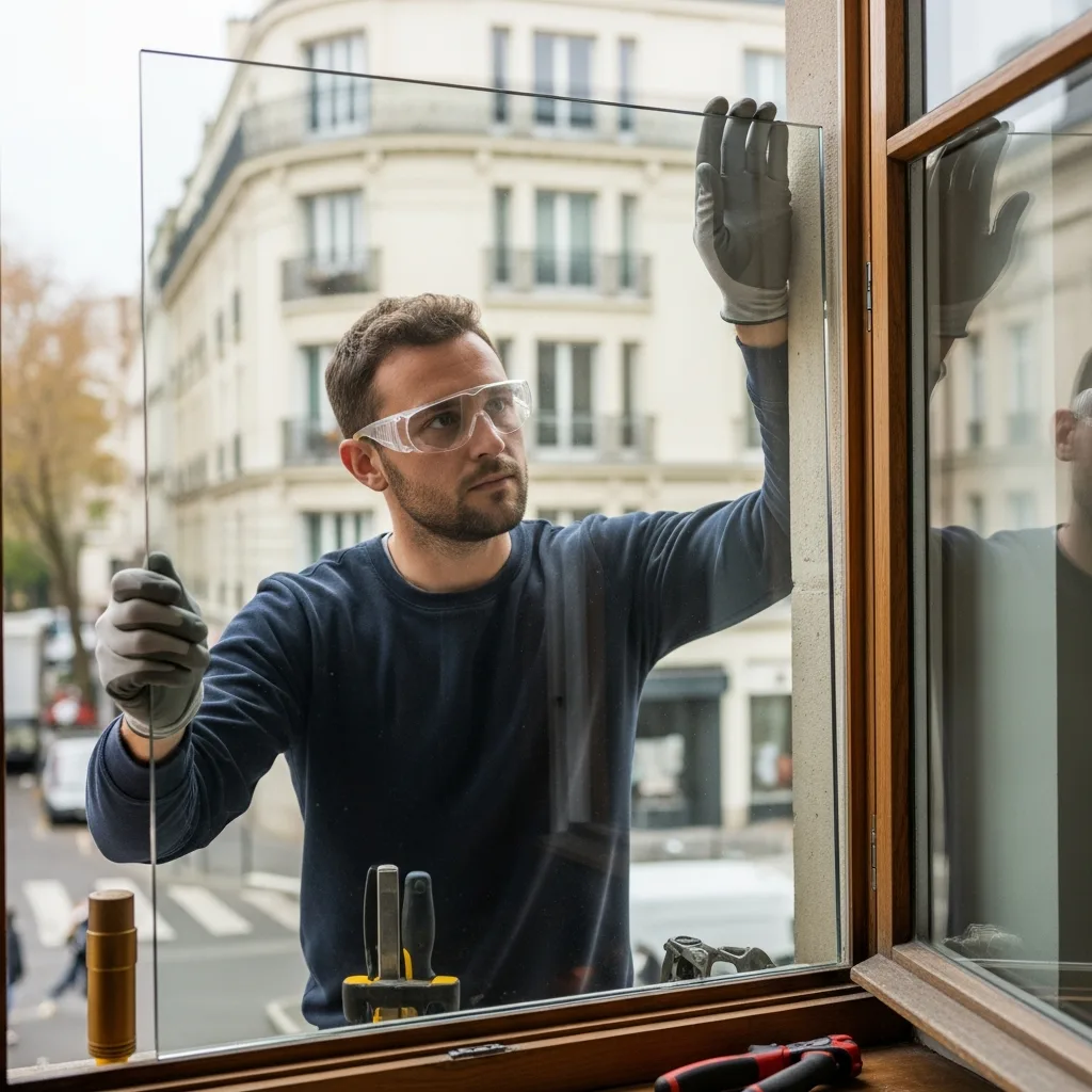 Vitrier remplaçant une vitre à Pantin