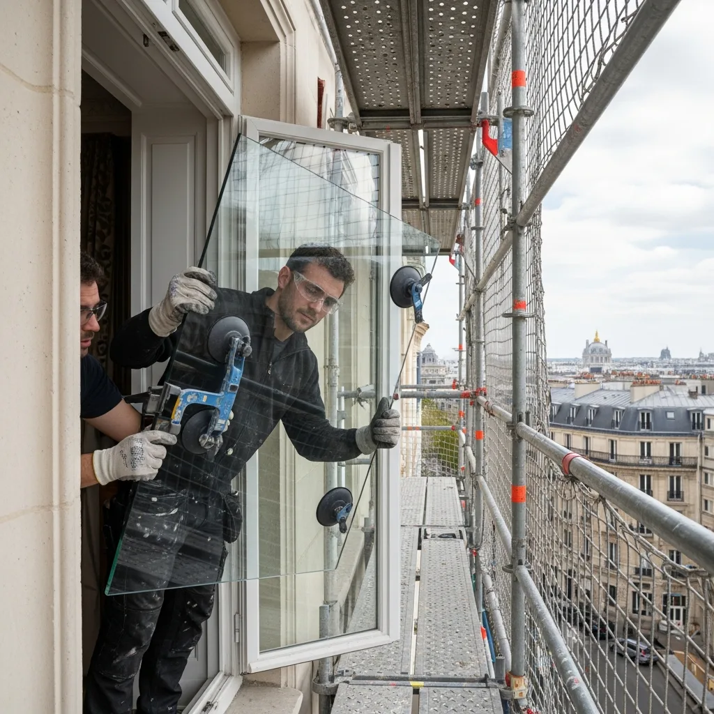 Vitrier remplaçant une vitre à Paris 1er