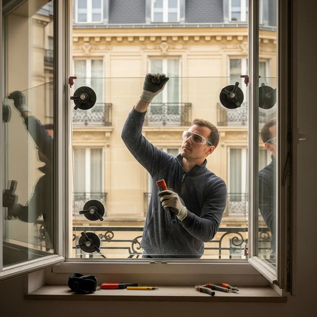 Vitrier remplaçant une vitre à Parmain
