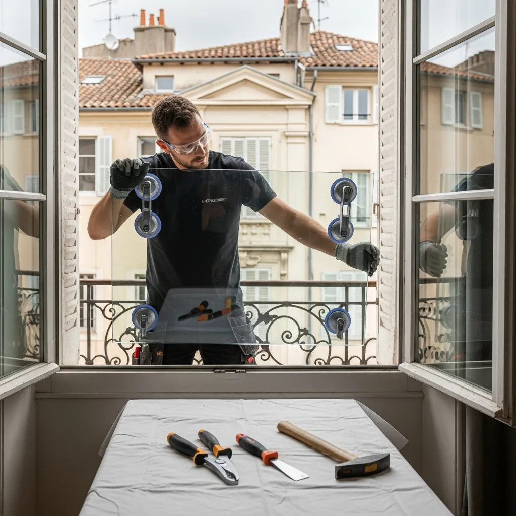 Vitrier remplaçant une vitre à Persan