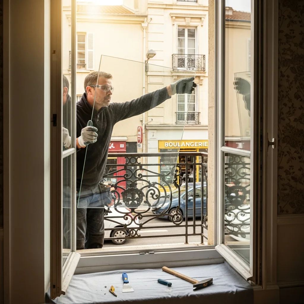 Vitrier remplaçant une vitre à Pomponne