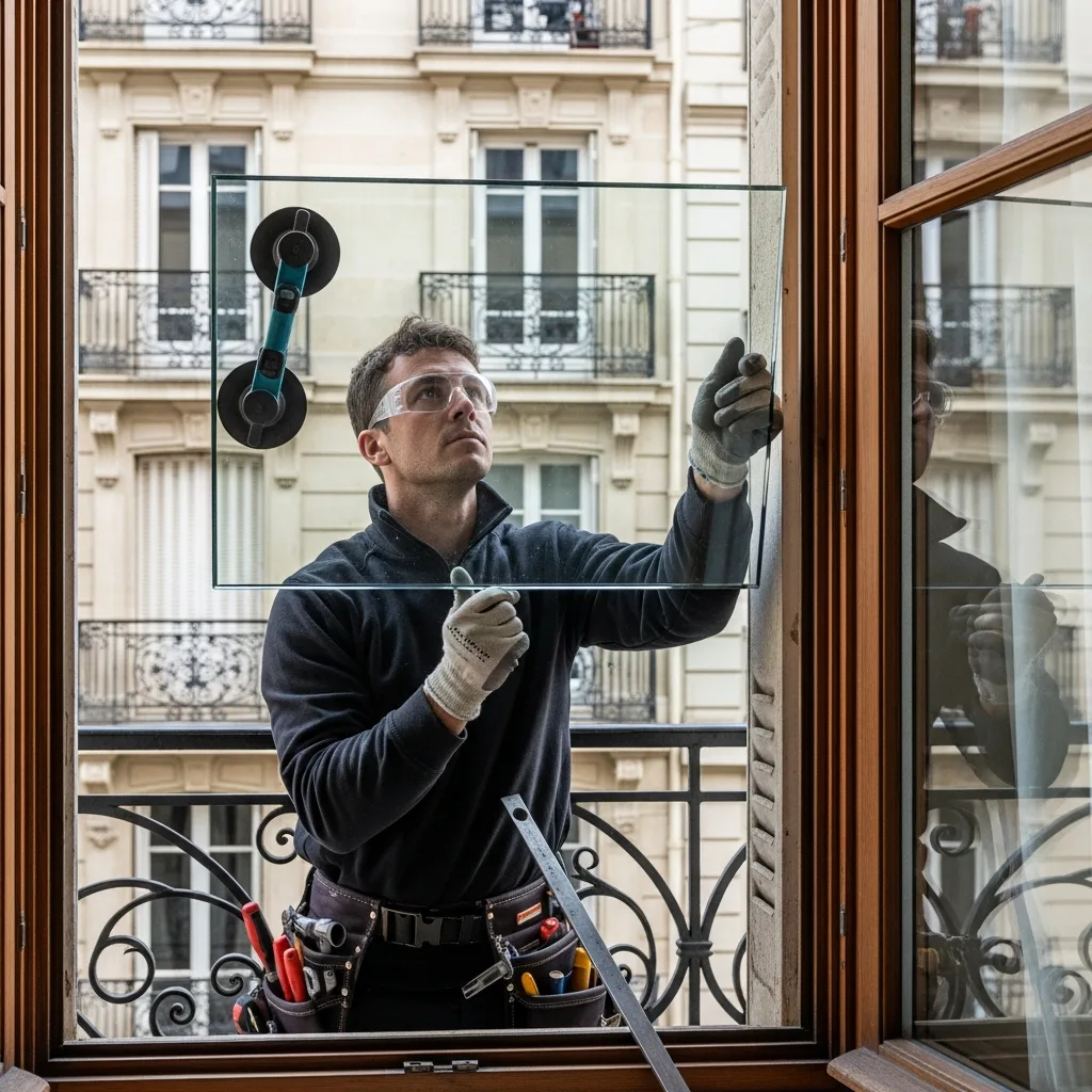 Vitrier remplaçant une vitre à Pontoise