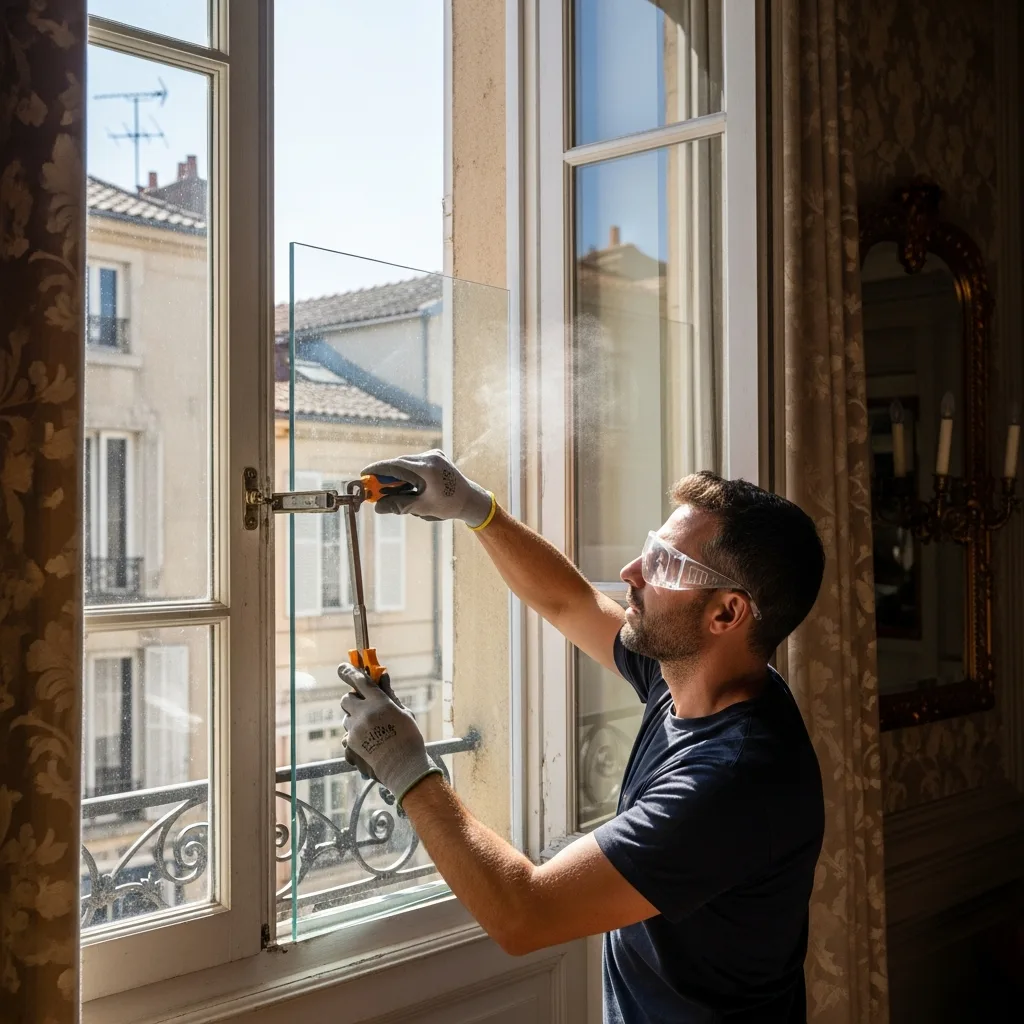 Vitrier remplaçant une vitre à Rebais
