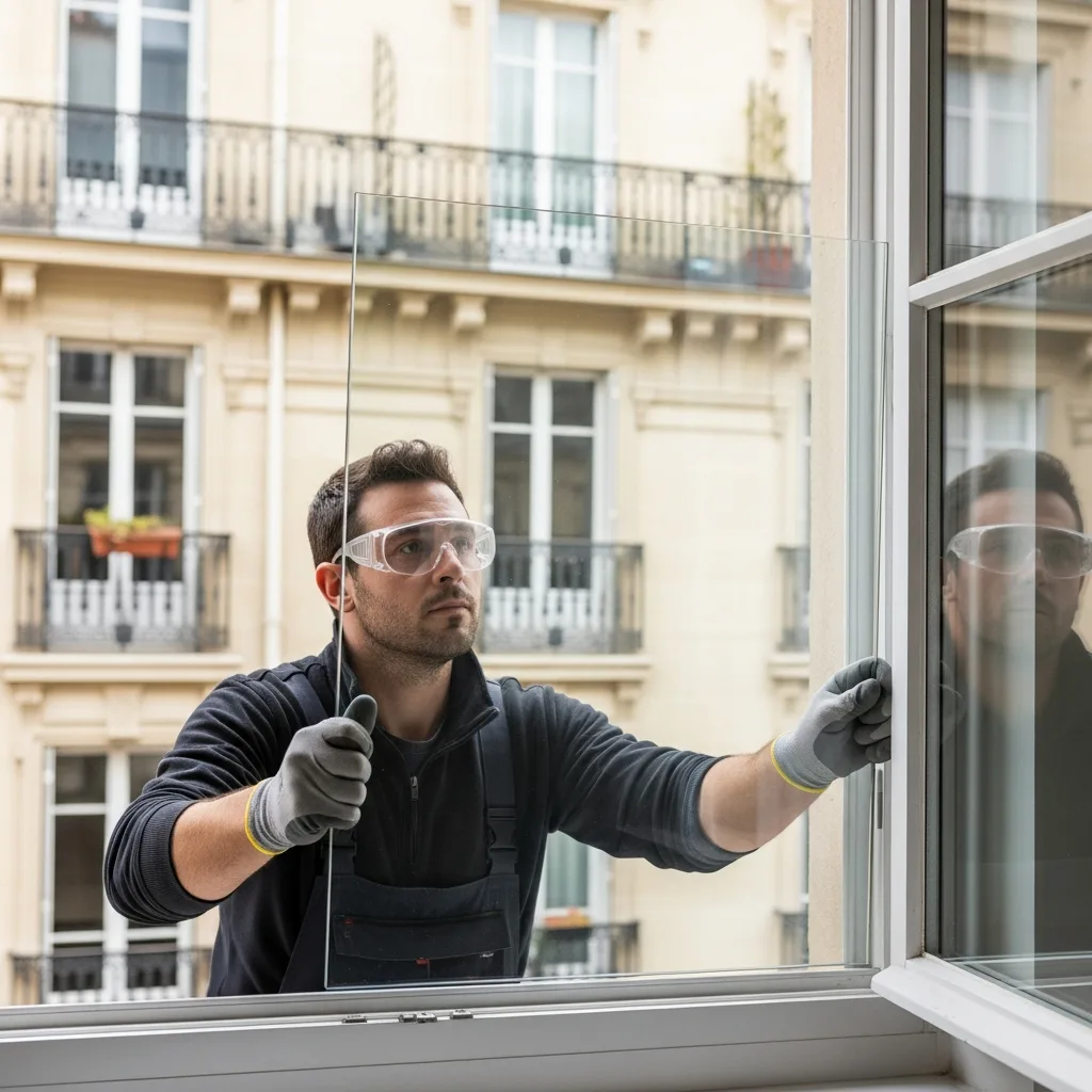 Vitrier remplaçant une vitre à Ris-Orangis