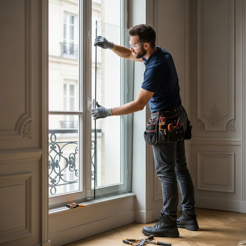 Vitrier remplaçant une vitre à Romainville