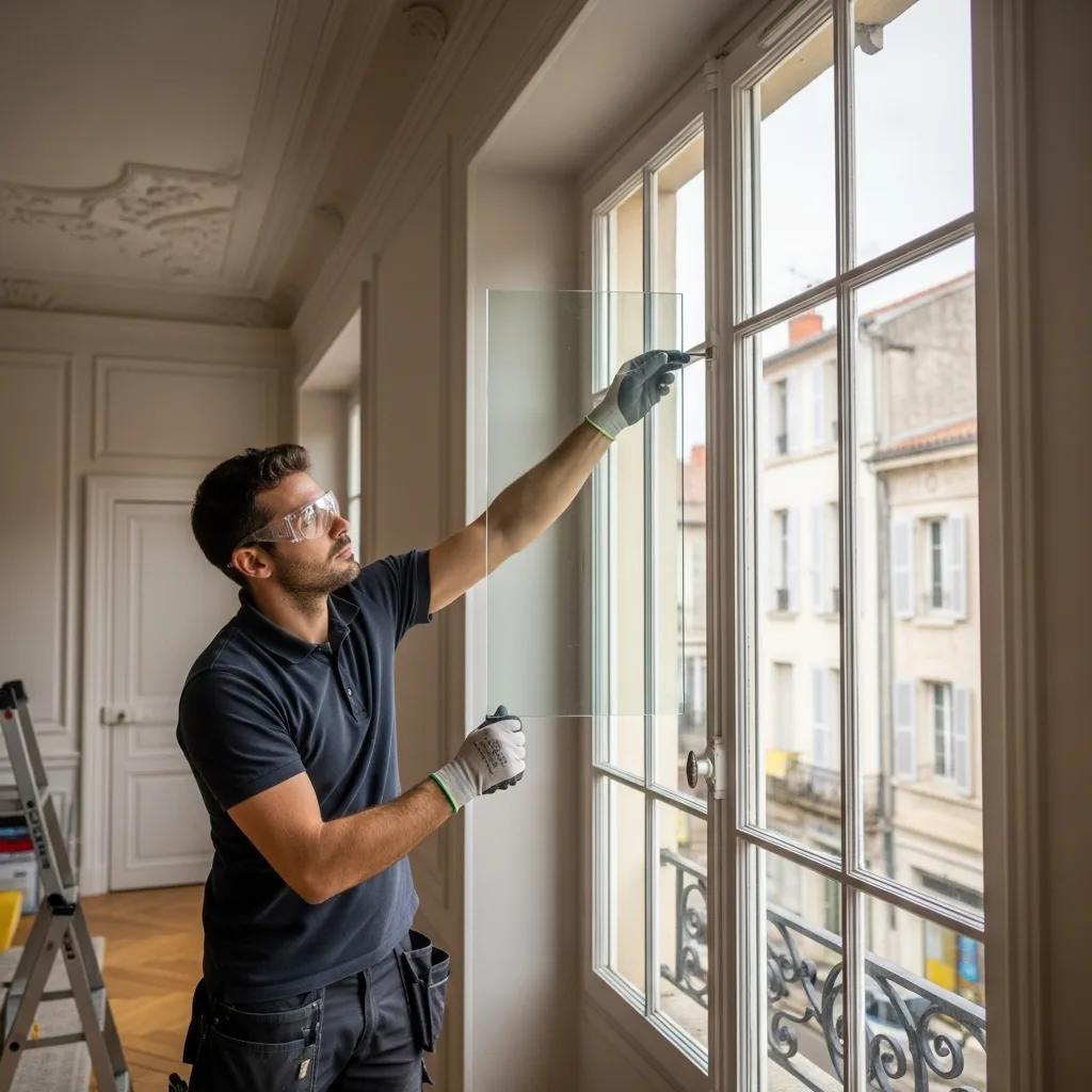 Vitrier remplaçant une vitre à Saint-Chéron