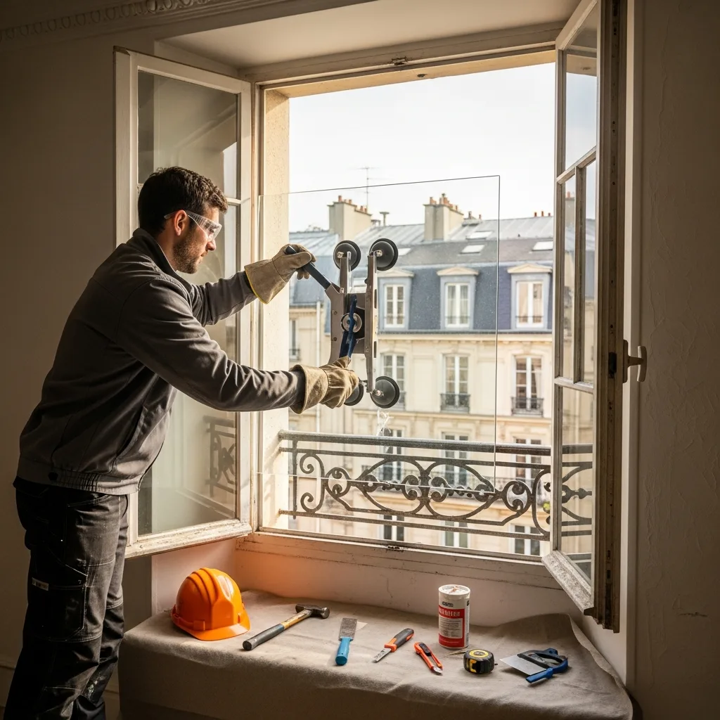 Vitrier remplaçant une vitre à Saint-Denis