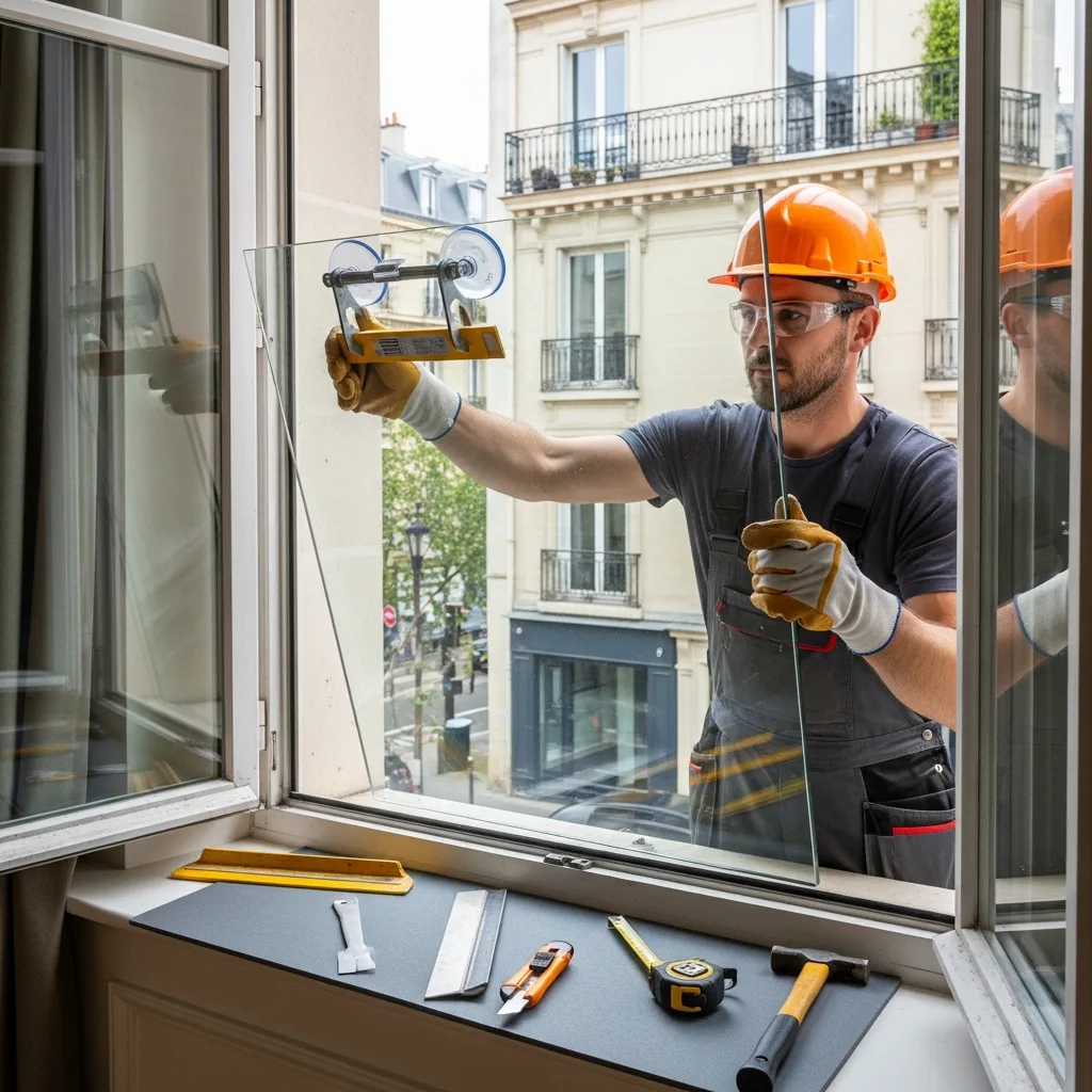 Vitrier remplaçant une vitre à Saint-Germain-lès-Arpajon