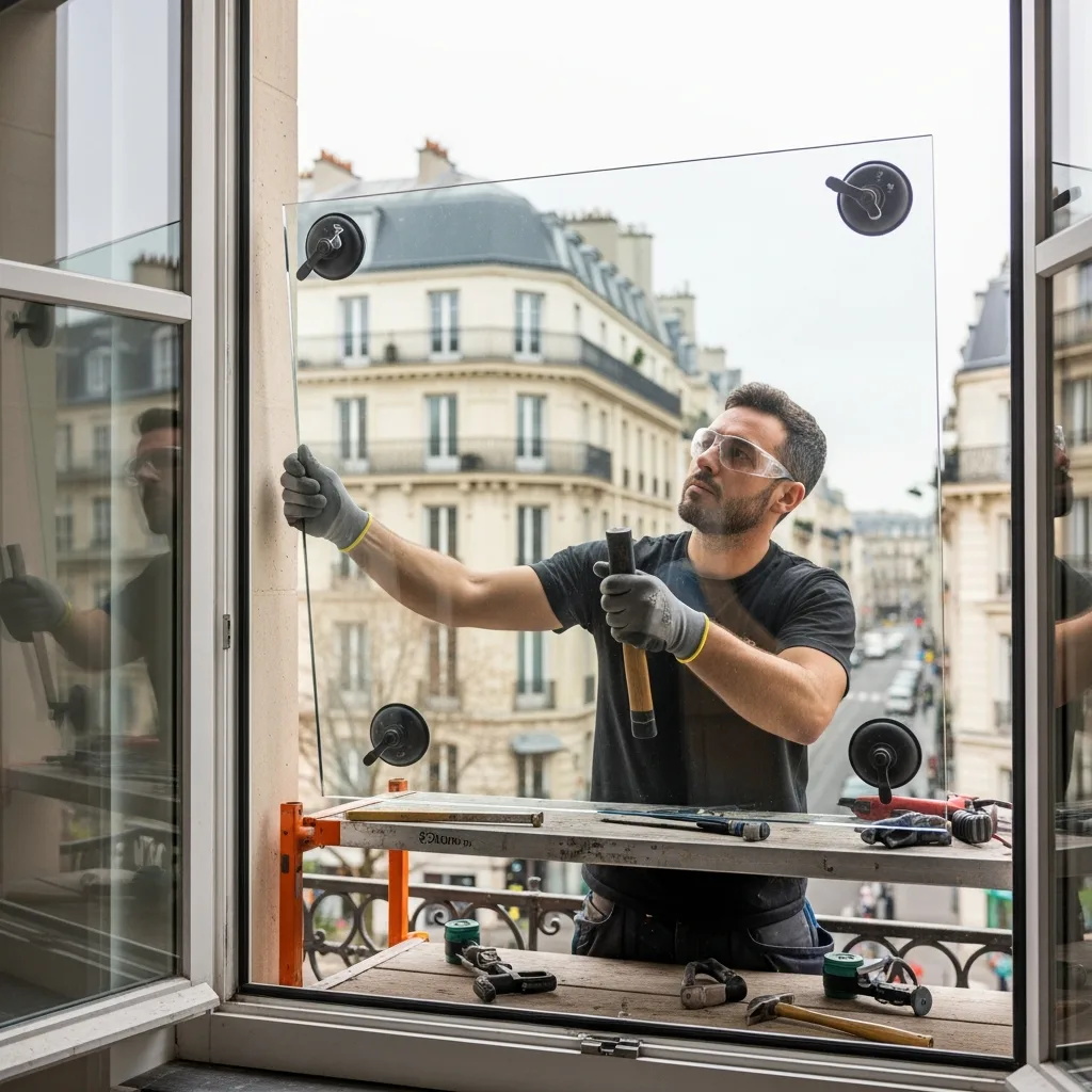 Vitrier remplaçant une vitre à Saint-Mandé