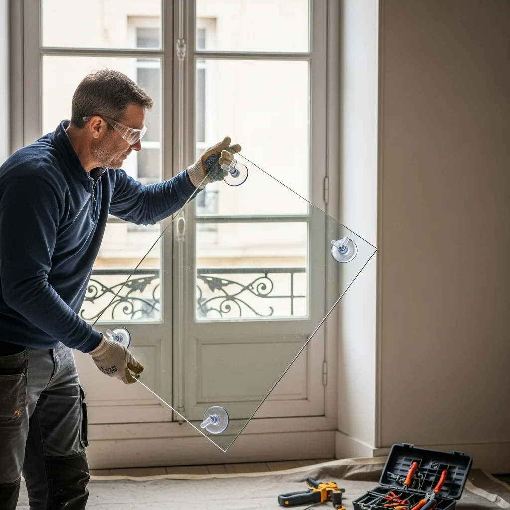 Vitrier remplaçant une vitre à Saint-Mard