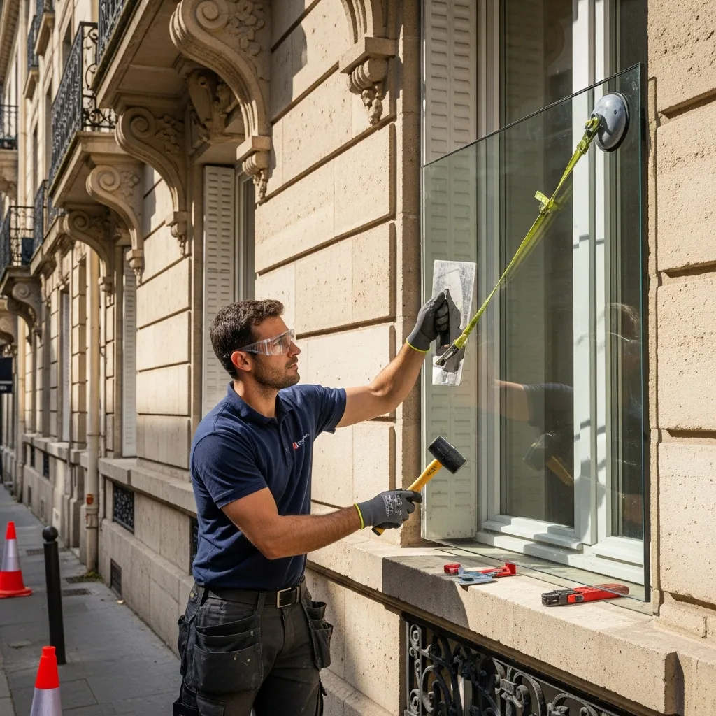 Vitrier remplaçant une vitre à Saint-Maurice