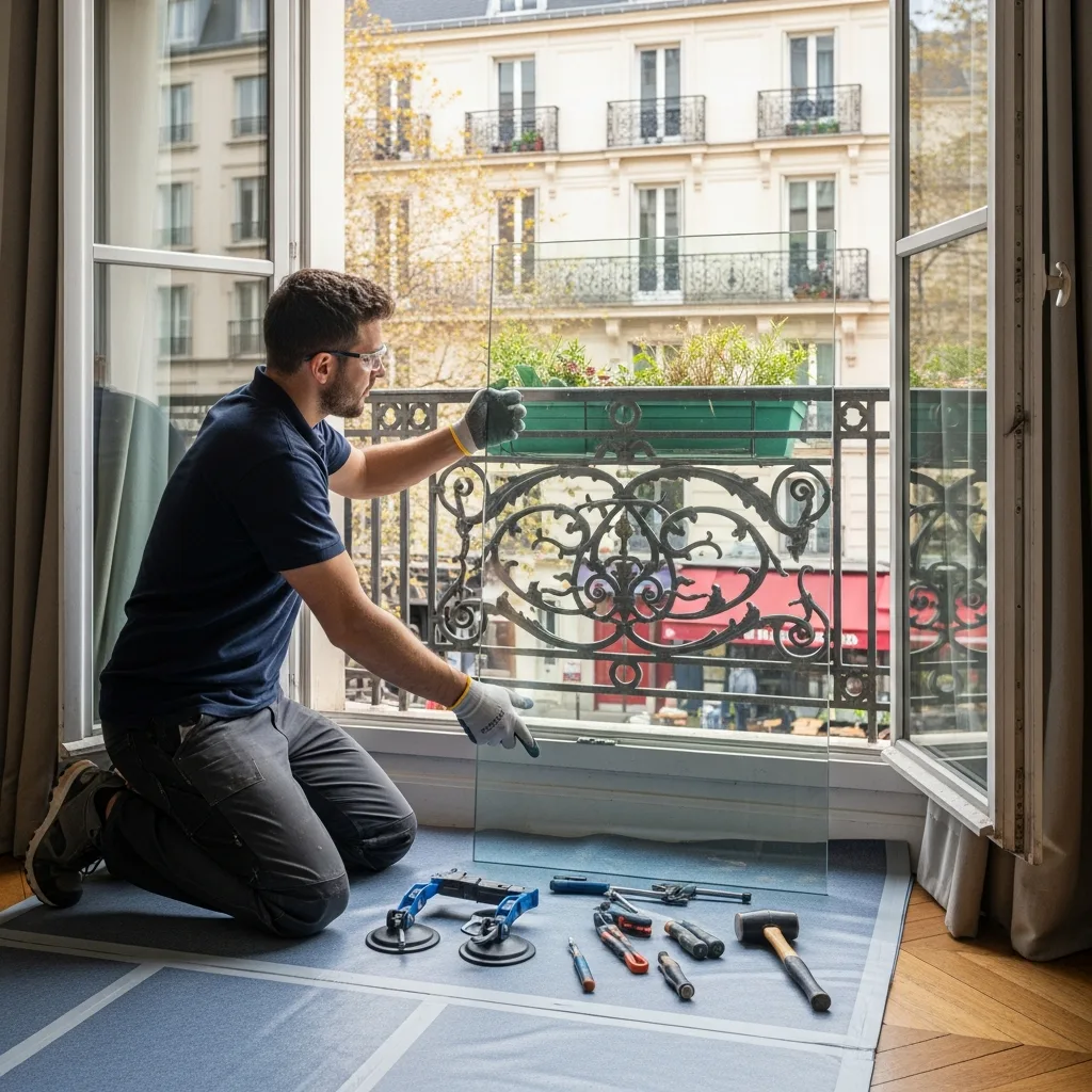 Vitrier remplaçant une vitre à Sarcelles