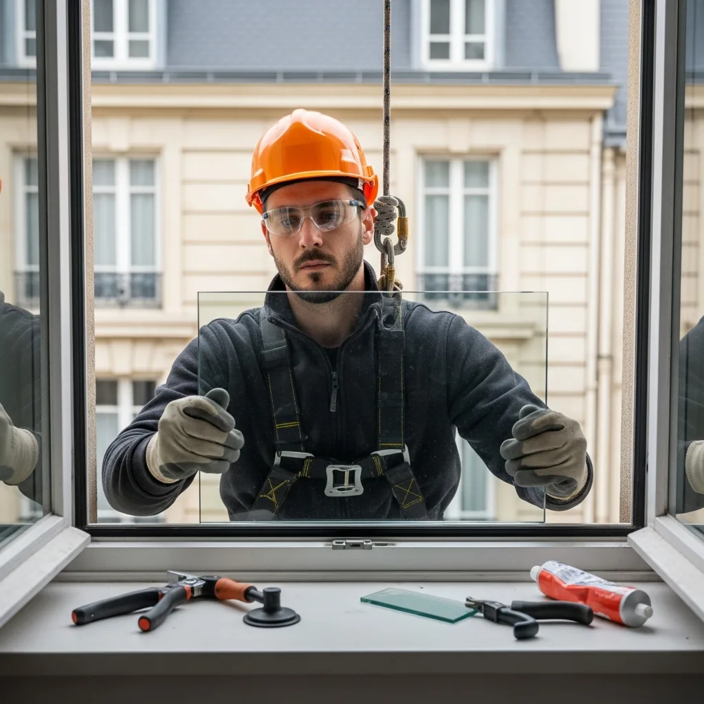 Vitrier remplaçant une vitre à Sartrouville