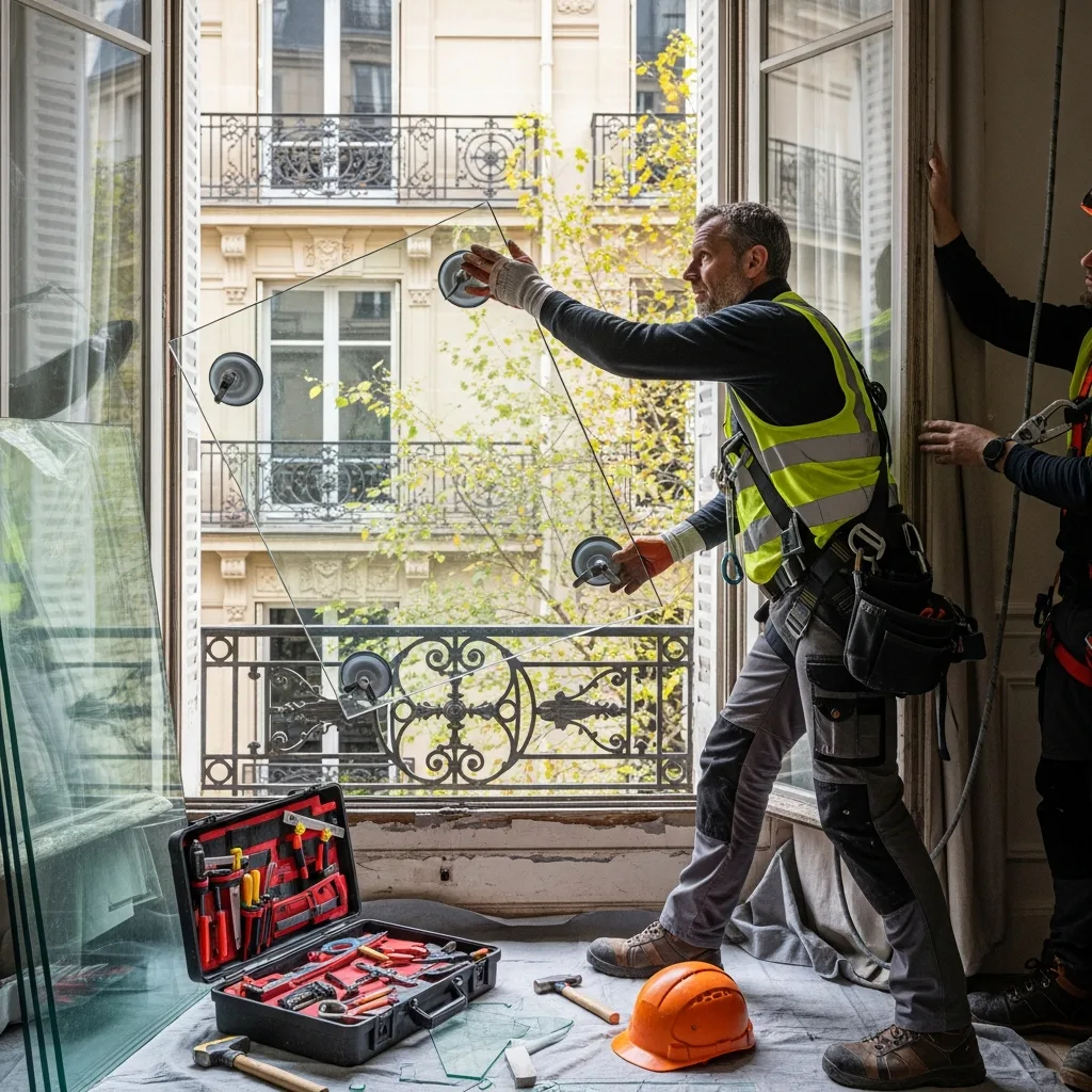 Vitrier remplaçant une vitre à Stains
