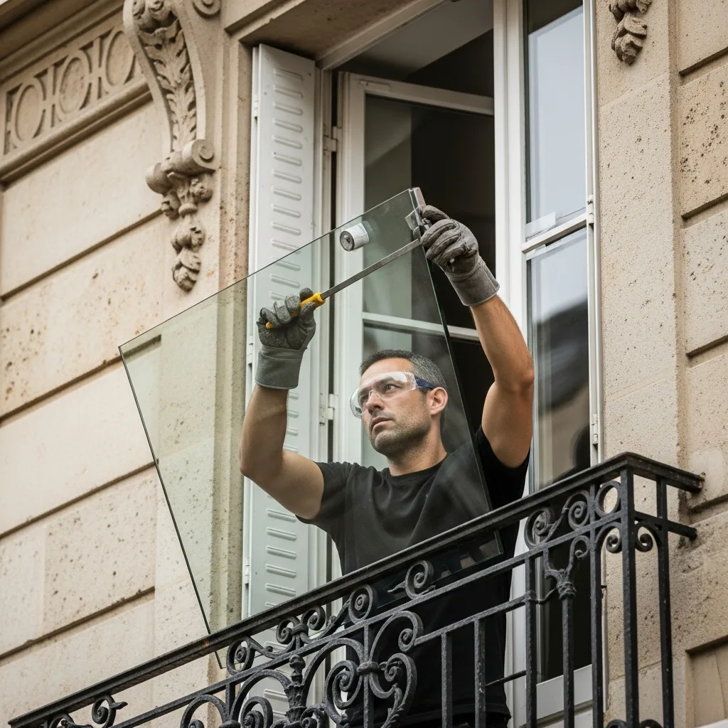 Vitrier remplaçant une vitre à Survilliers