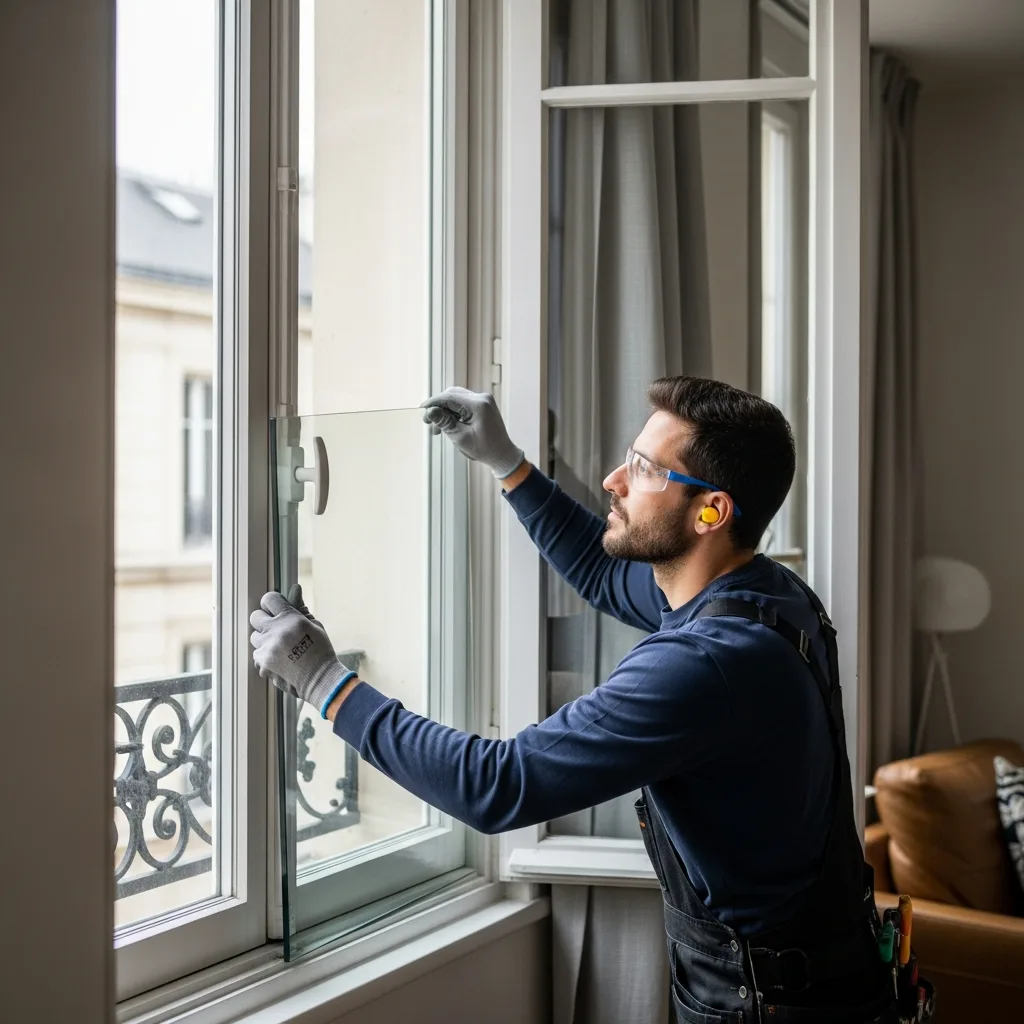 Vitrier remplaçant une vitre à Thorigny-sur-Marne