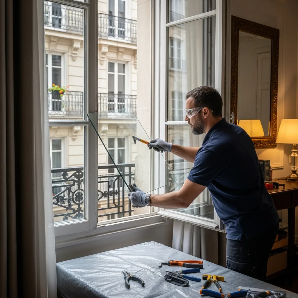 Vitrier remplaçant une vitre à Trappes