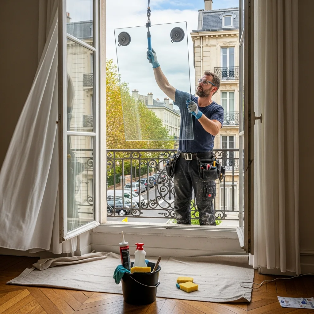 Vitrier remplaçant une vitre à Trilport