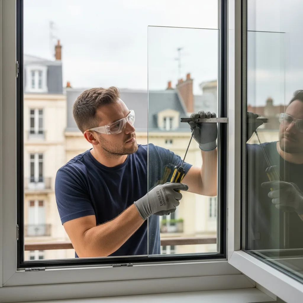 Vitrier remplaçant une vitre à Vaires-sur-Marne