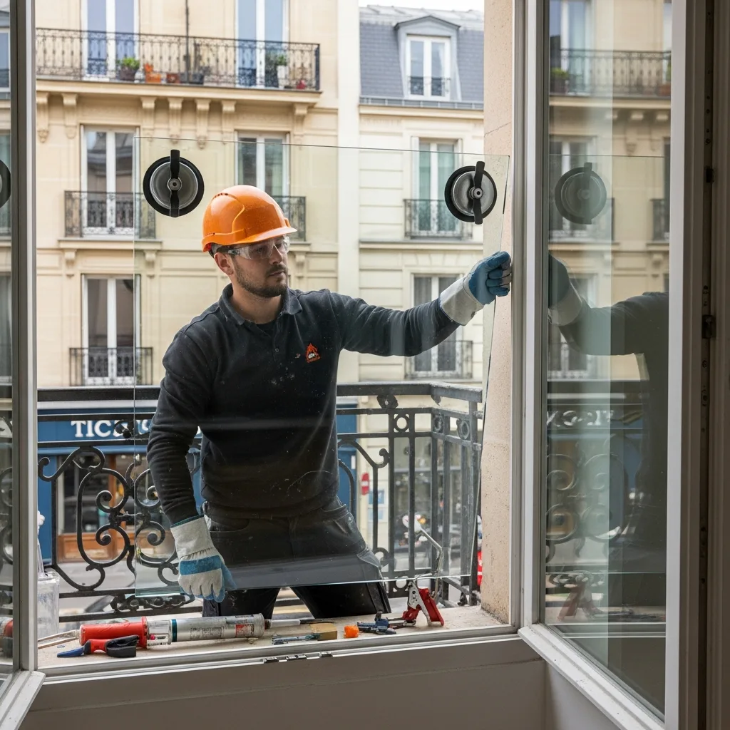 Vitrier remplaçant une vitre à Vanves