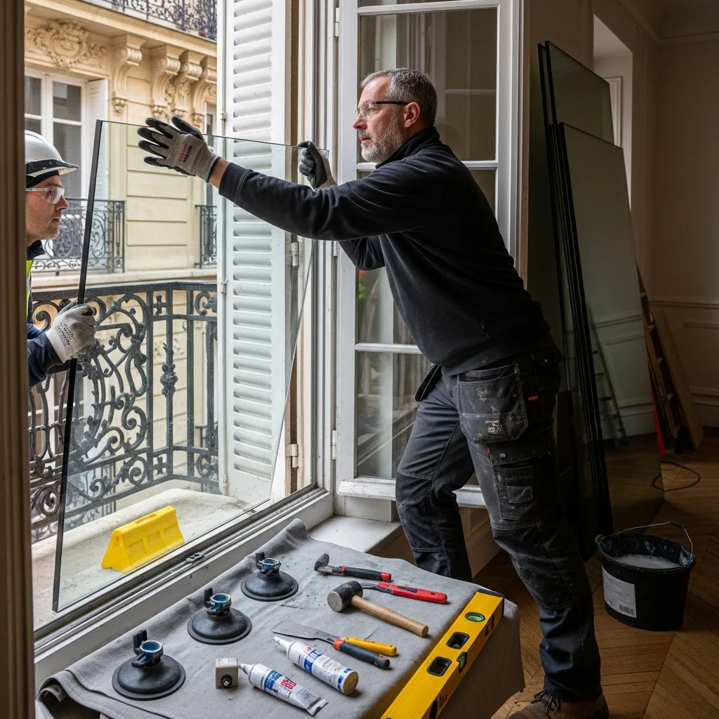 Vitrier remplaçant une vitre à Viarmes