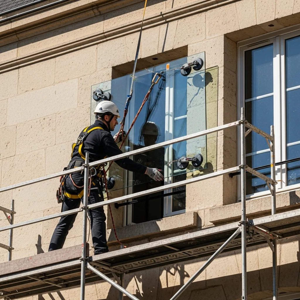 Vitrier remplaçant une vitre à Vigny