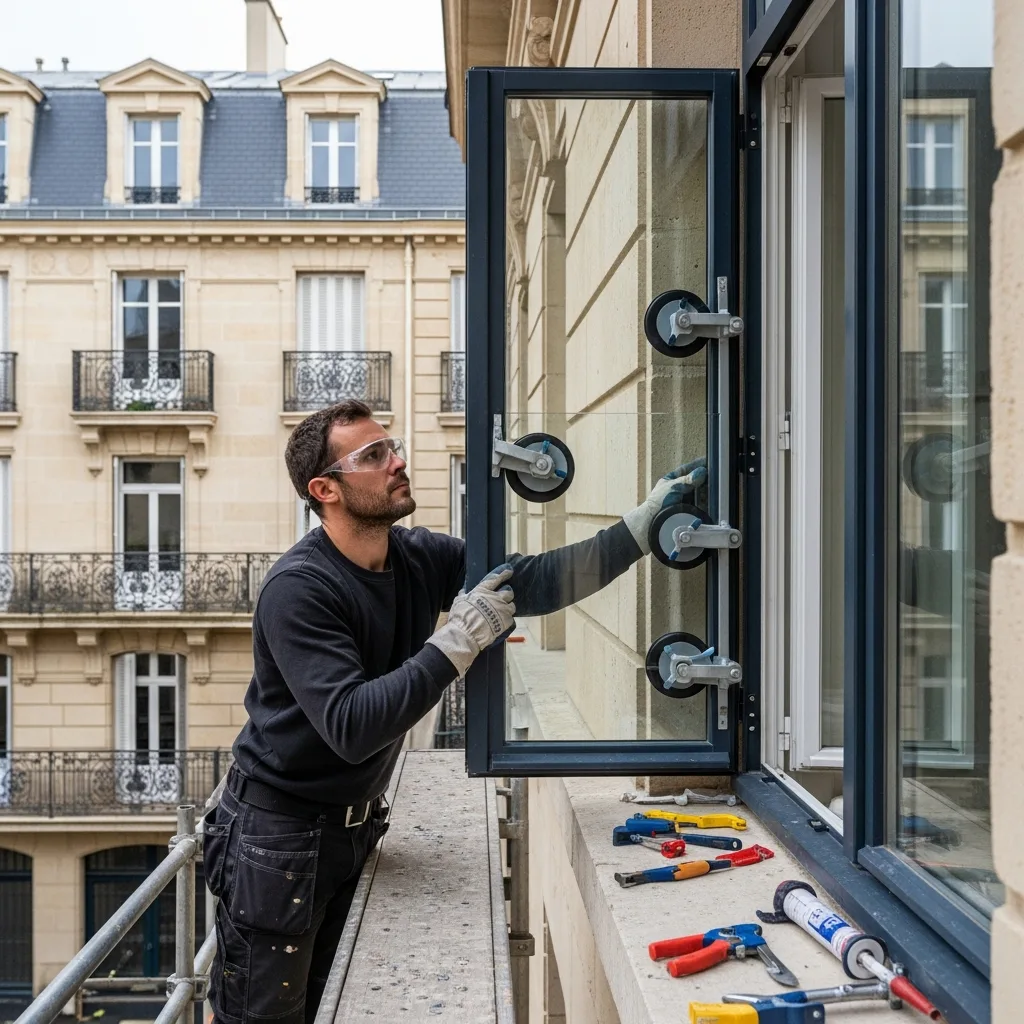 Vitrier remplaçant une vitre à Villabé