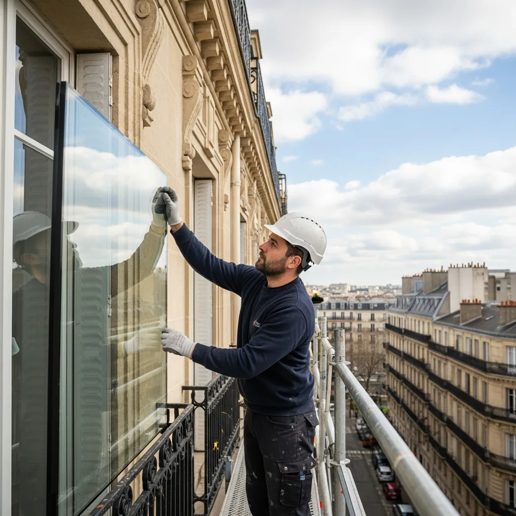 Vitrier remplaçant une vitre à Ville-d'Avray