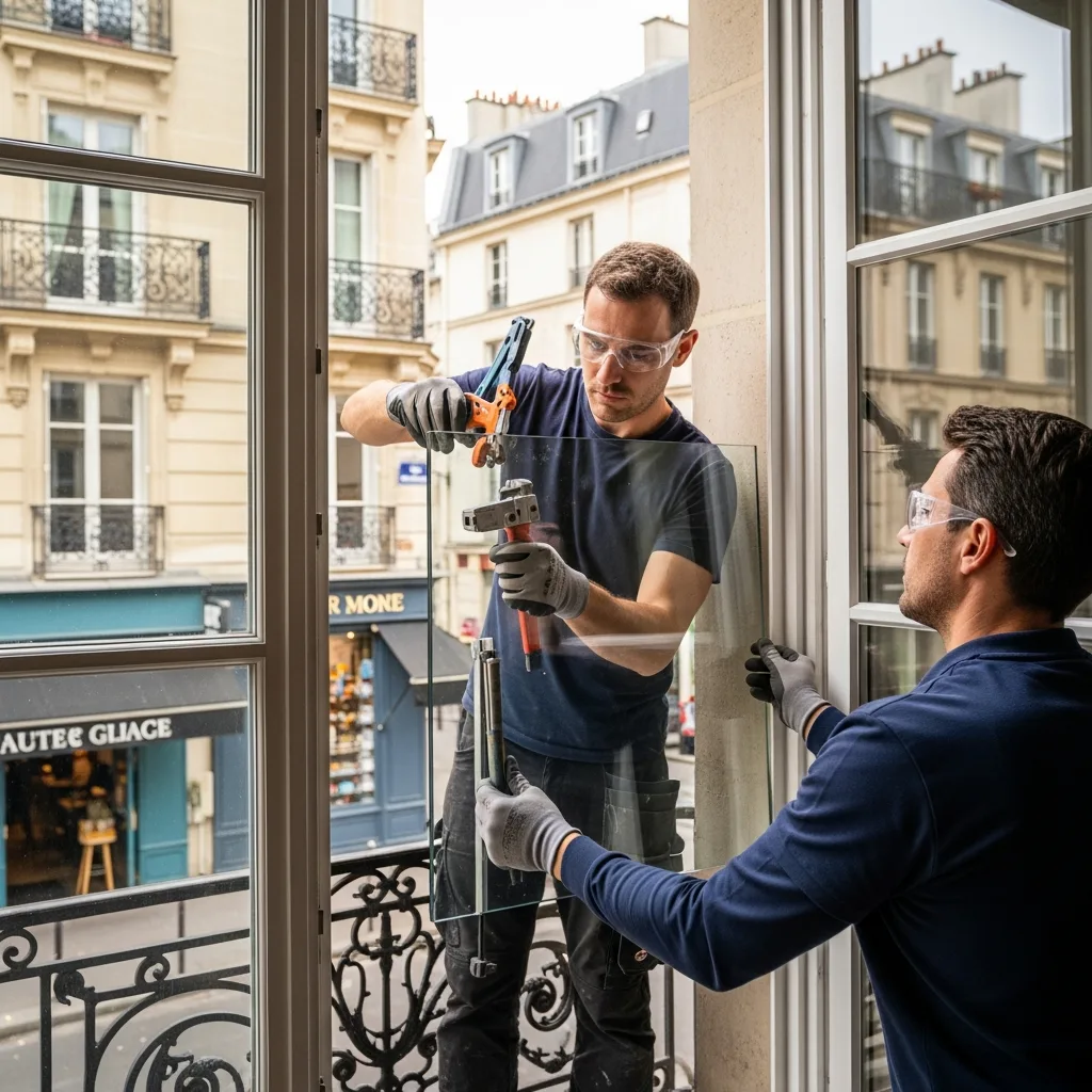 Vitrier remplaçant une vitre à Villemomble