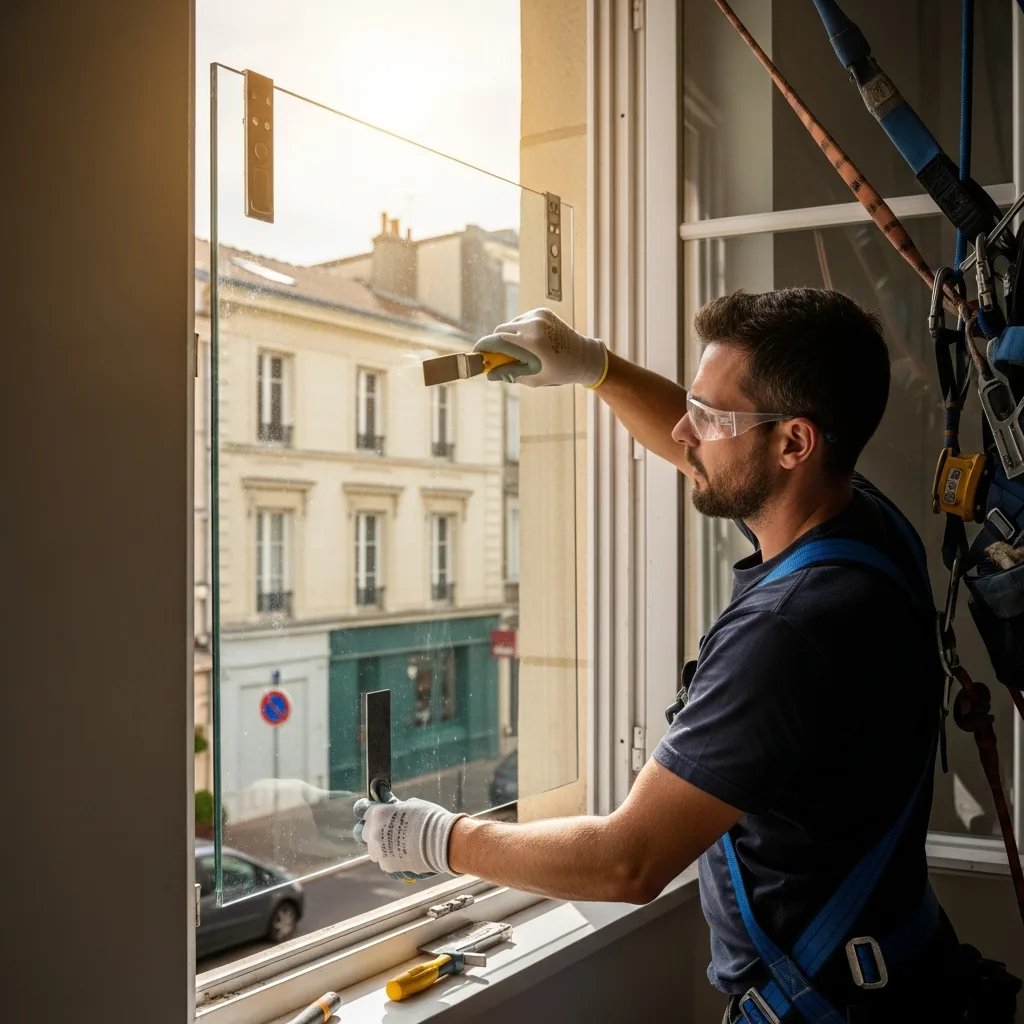 Vitrier remplaçant une vitre à Villeneuve-Saint-Denis
