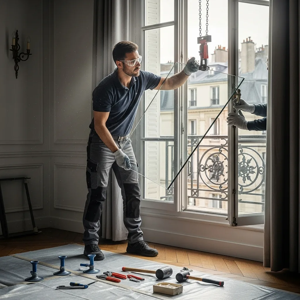 Vitrier remplaçant une vitre à Villepinte