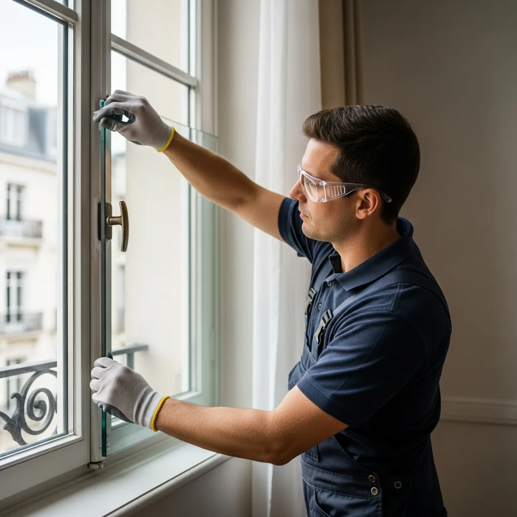 Vitrier remplaçant une vitre à Villepreux