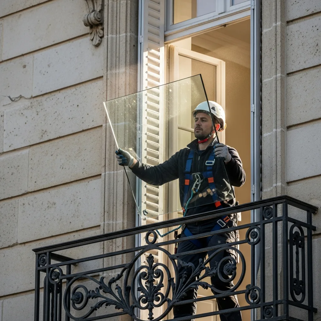 Vitrier remplaçant une vitre à Villeron